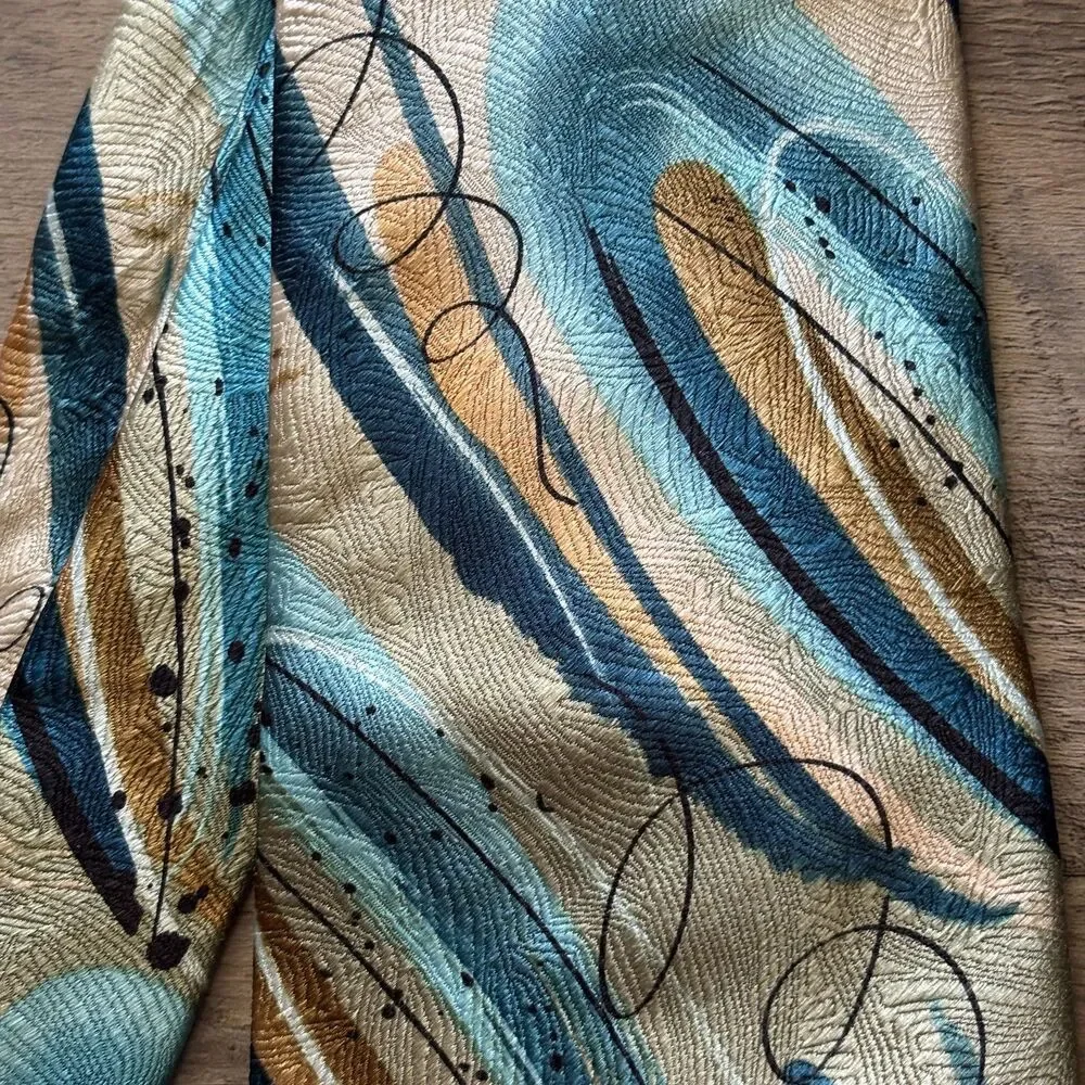 J. Garcia Extra Long 100% Silk Abstract Blue Gold Men's Neck Tie Clockworks